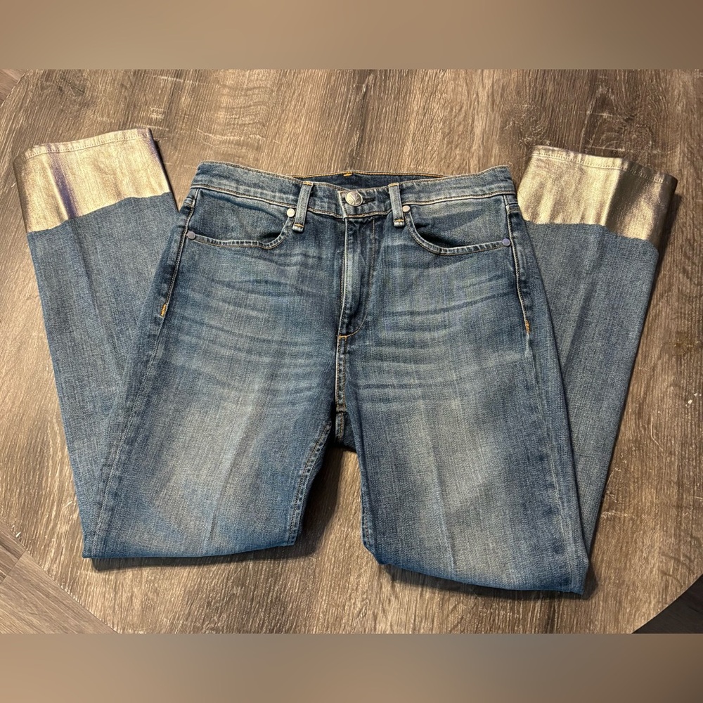 rag & bone Straight Leg Jeans with Metallic Paint-dipped Cuff